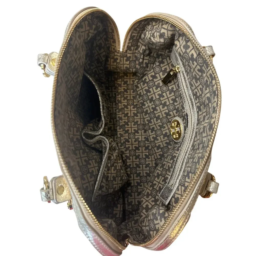 Tory Burch Nico Metallic East West Tote Silver‎ Distressed Leather